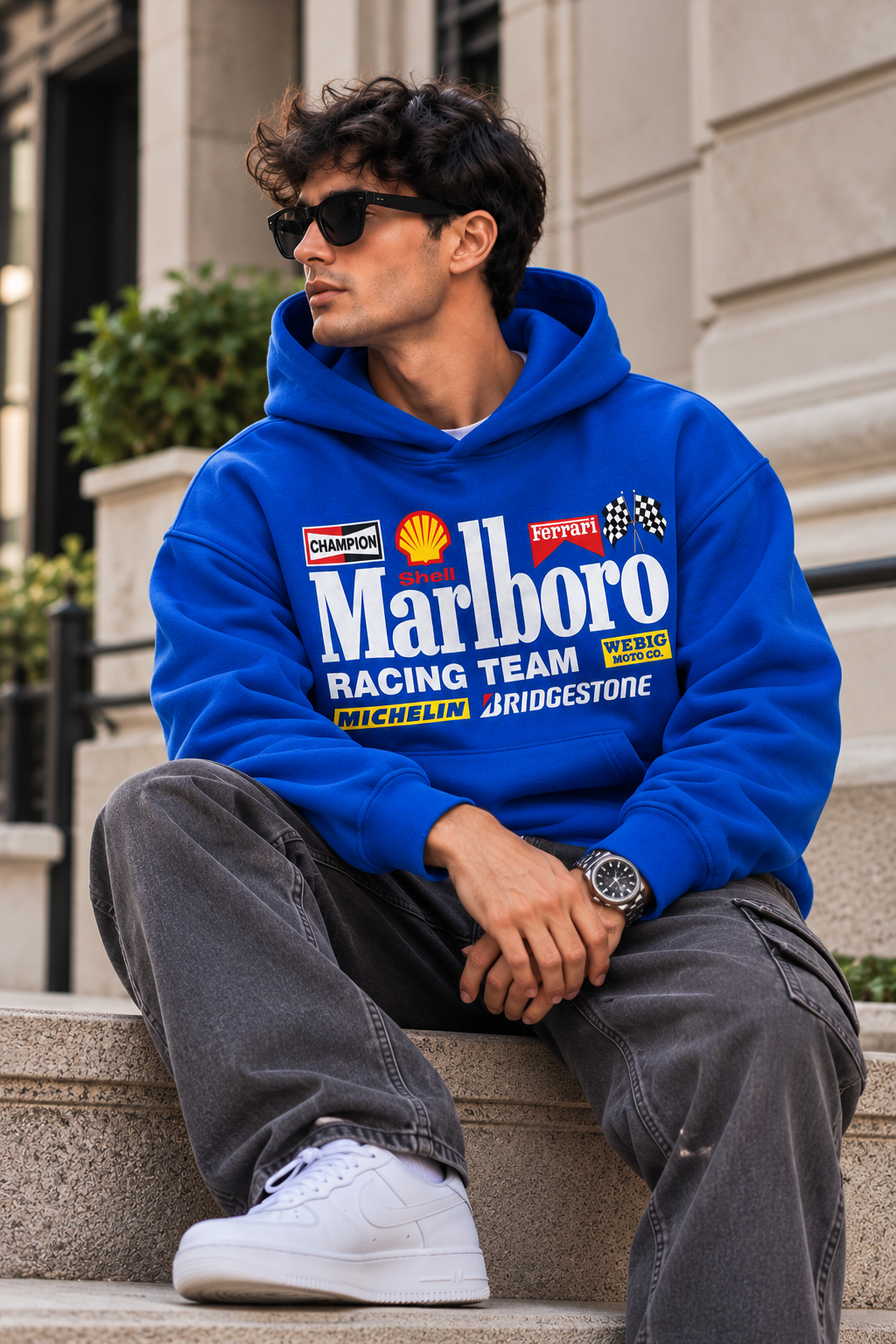 Blue Marlboro Racing Team Oversized Graphic Hoodie