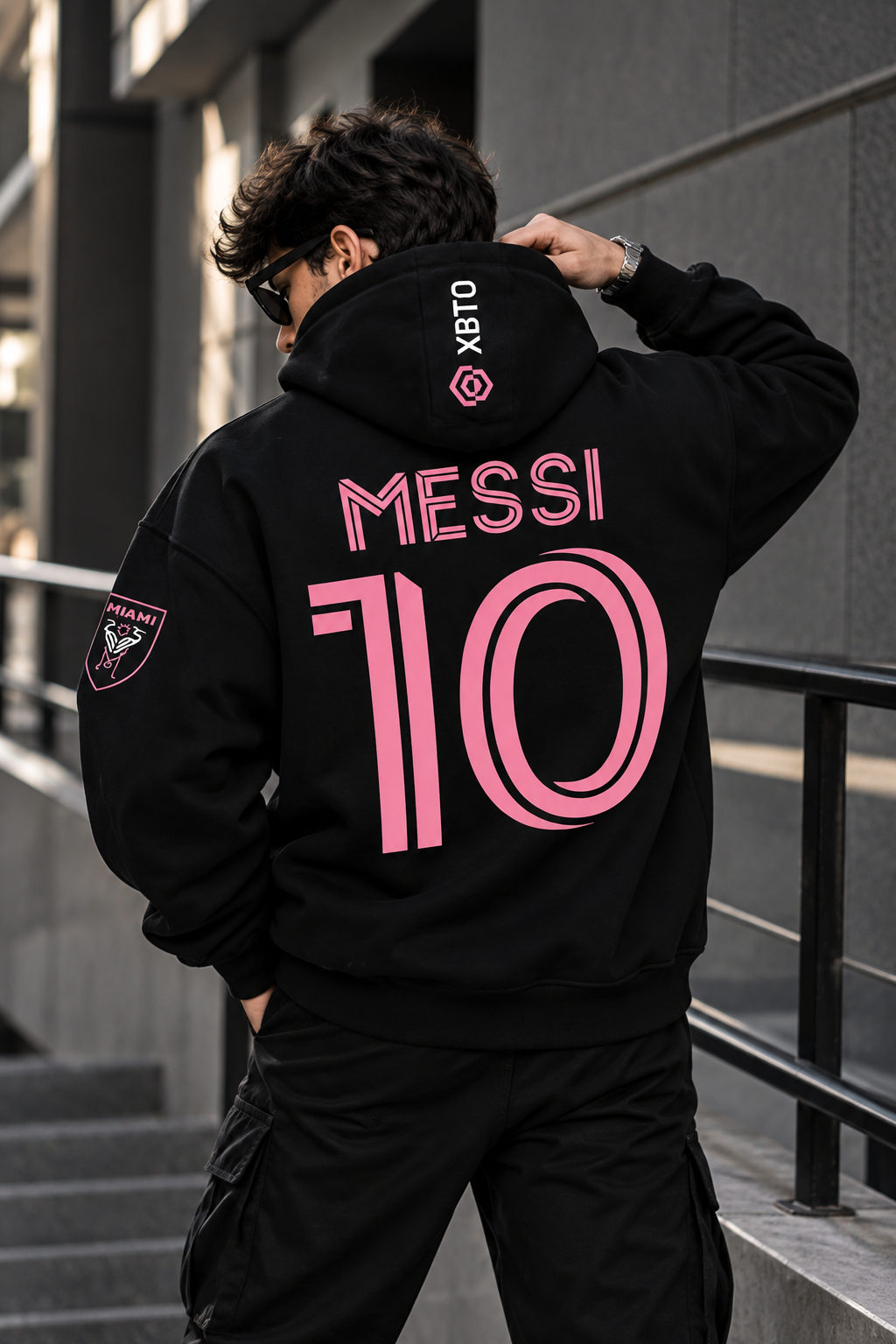 Messi 10 Pink Graphic Oversized Black Hoodie