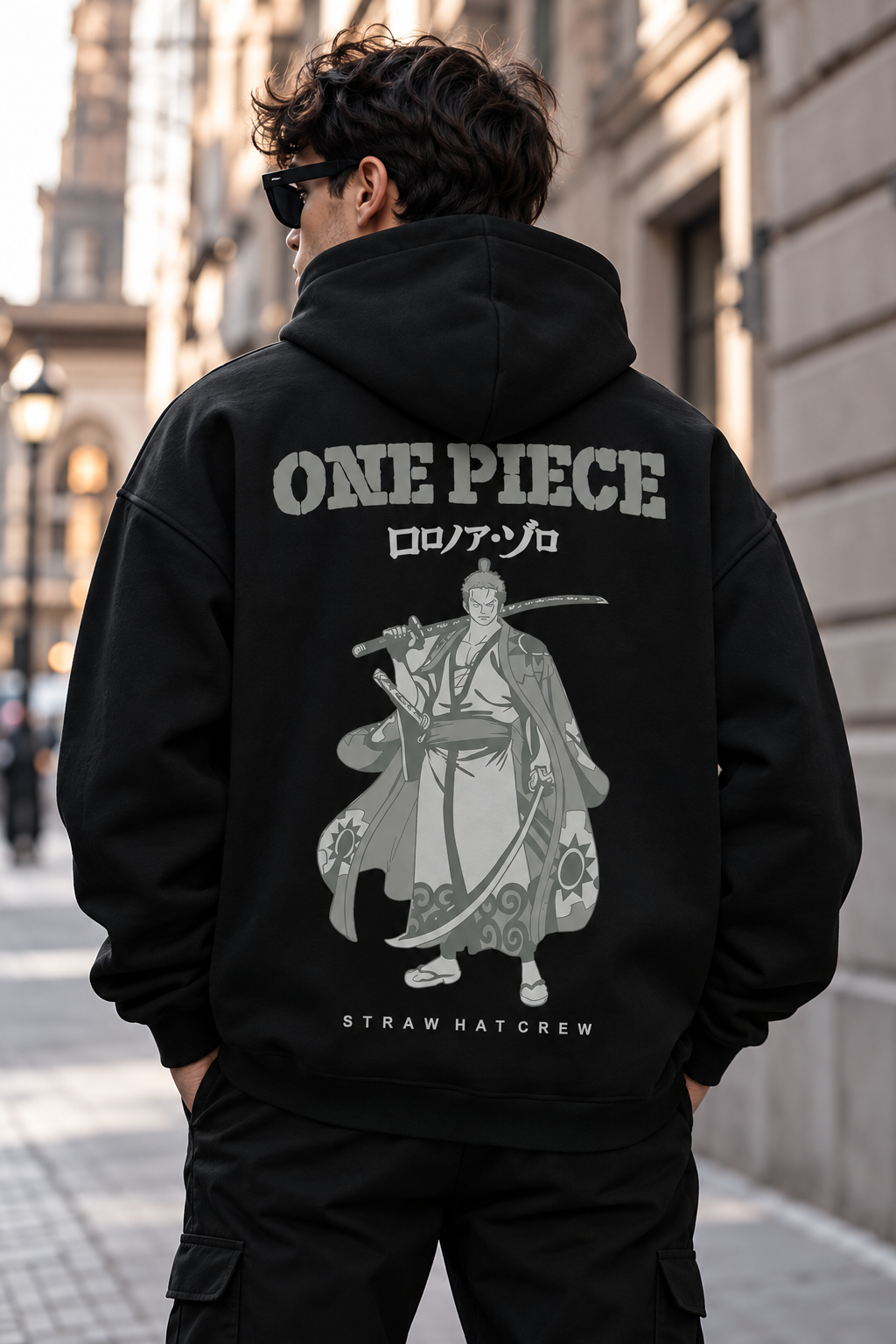 One Piece Zoro Graphic Oversized Black Hoodie – Straw Hat Crew Edition