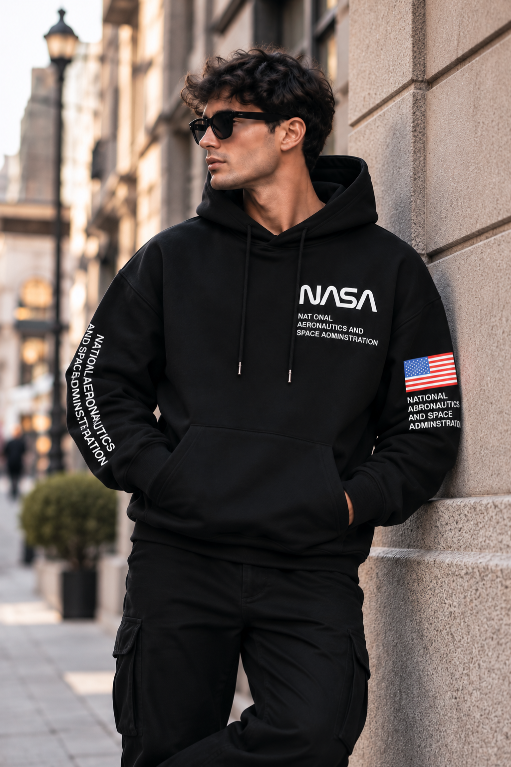 NASA Black Graphic Oversized Hoodie with American Flag Sleeve Print