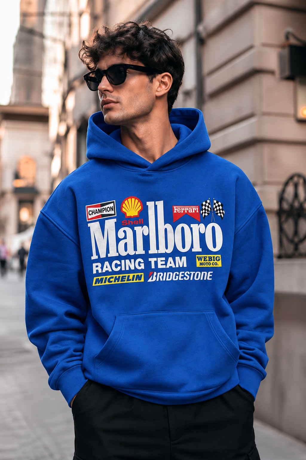 Blue Marlboro Racing Team Oversized Graphic Hoodie