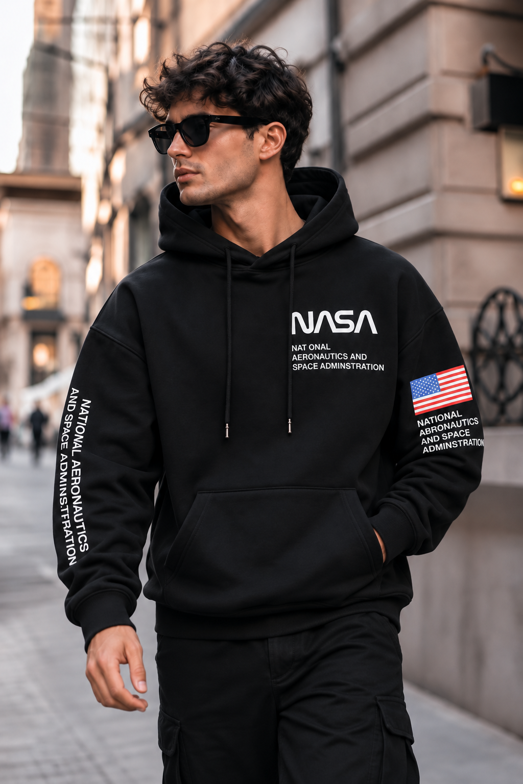 NASA Black Graphic Oversized Hoodie with American Flag Sleeve Print