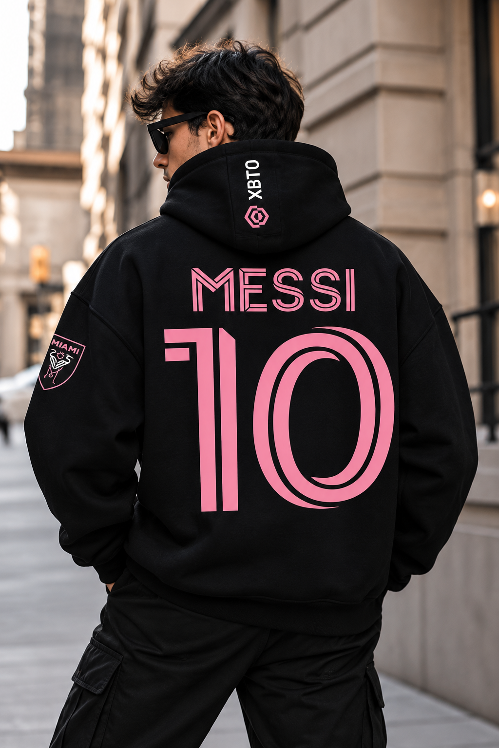 Messi 10 Pink Graphic Oversized Black Hoodie