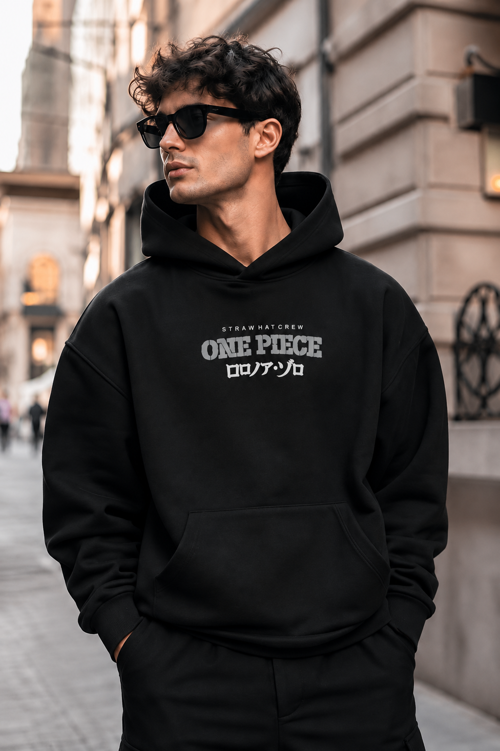 One Piece Zoro Graphic Oversized Black Hoodie – Straw Hat Crew Edition