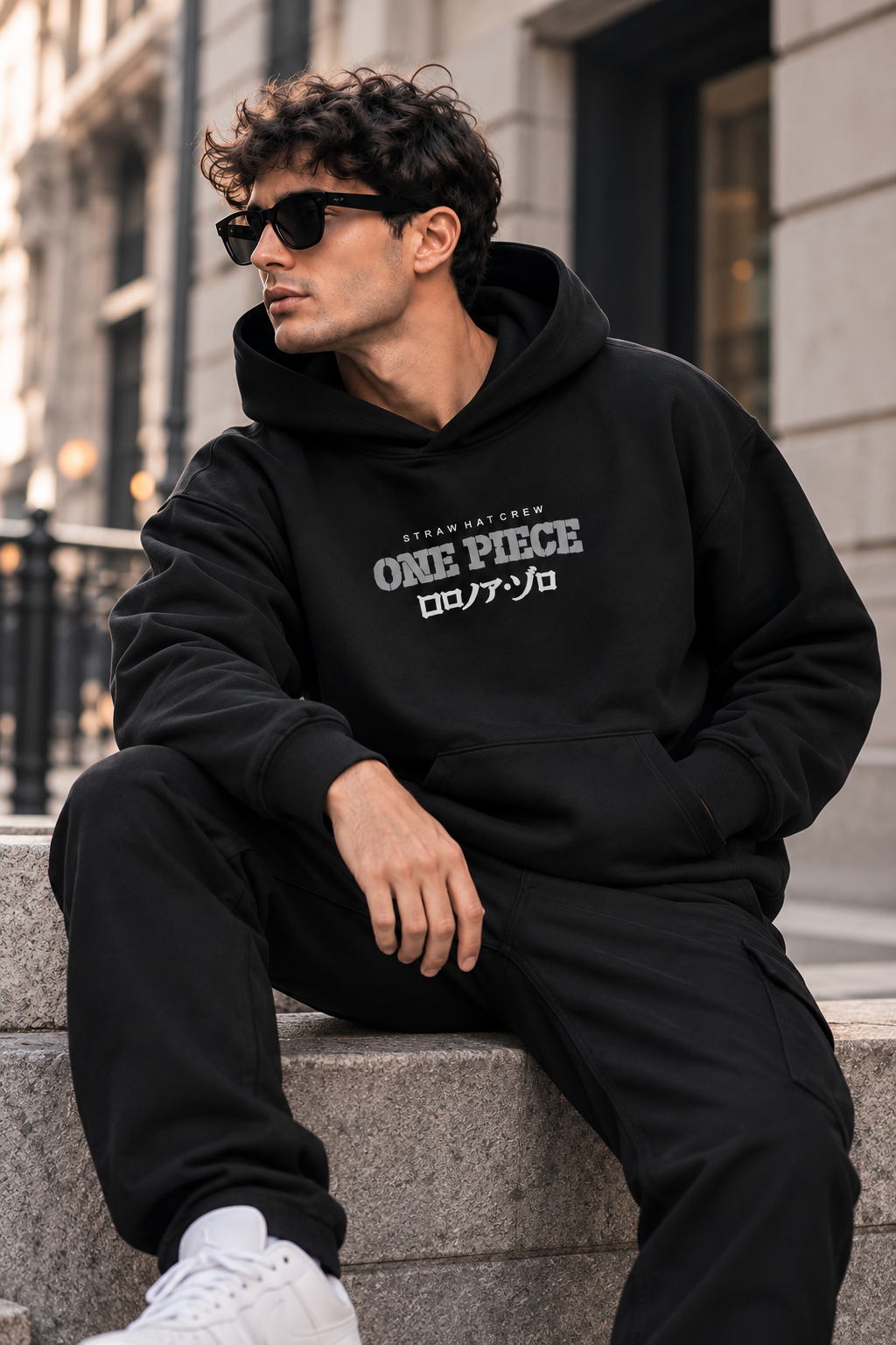 One Piece Zoro Graphic Oversized Black Hoodie – Straw Hat Crew Edition