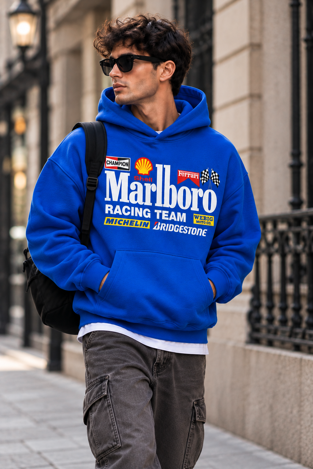 Blue Marlboro Racing Team Oversized Graphic Hoodie