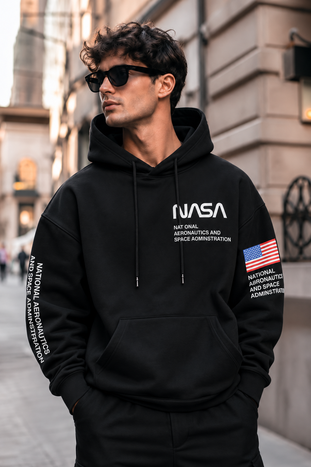 NASA Black Graphic Oversized Hoodie with American Flag Sleeve Print