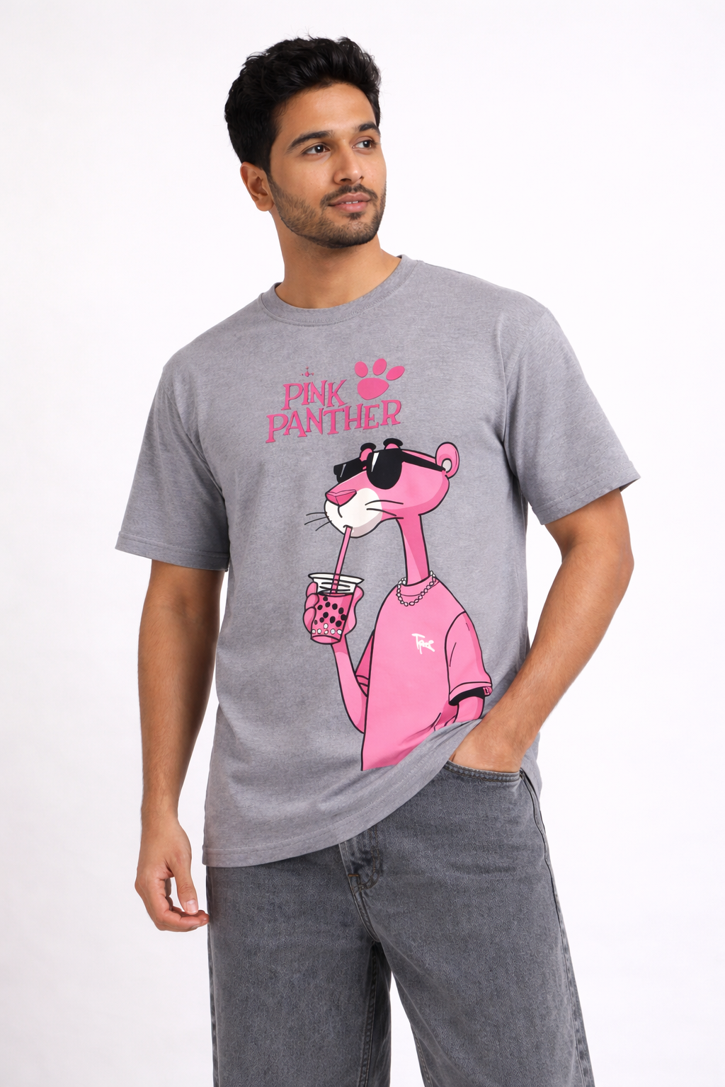 Grey Pink Panther Graphic T-Shirt