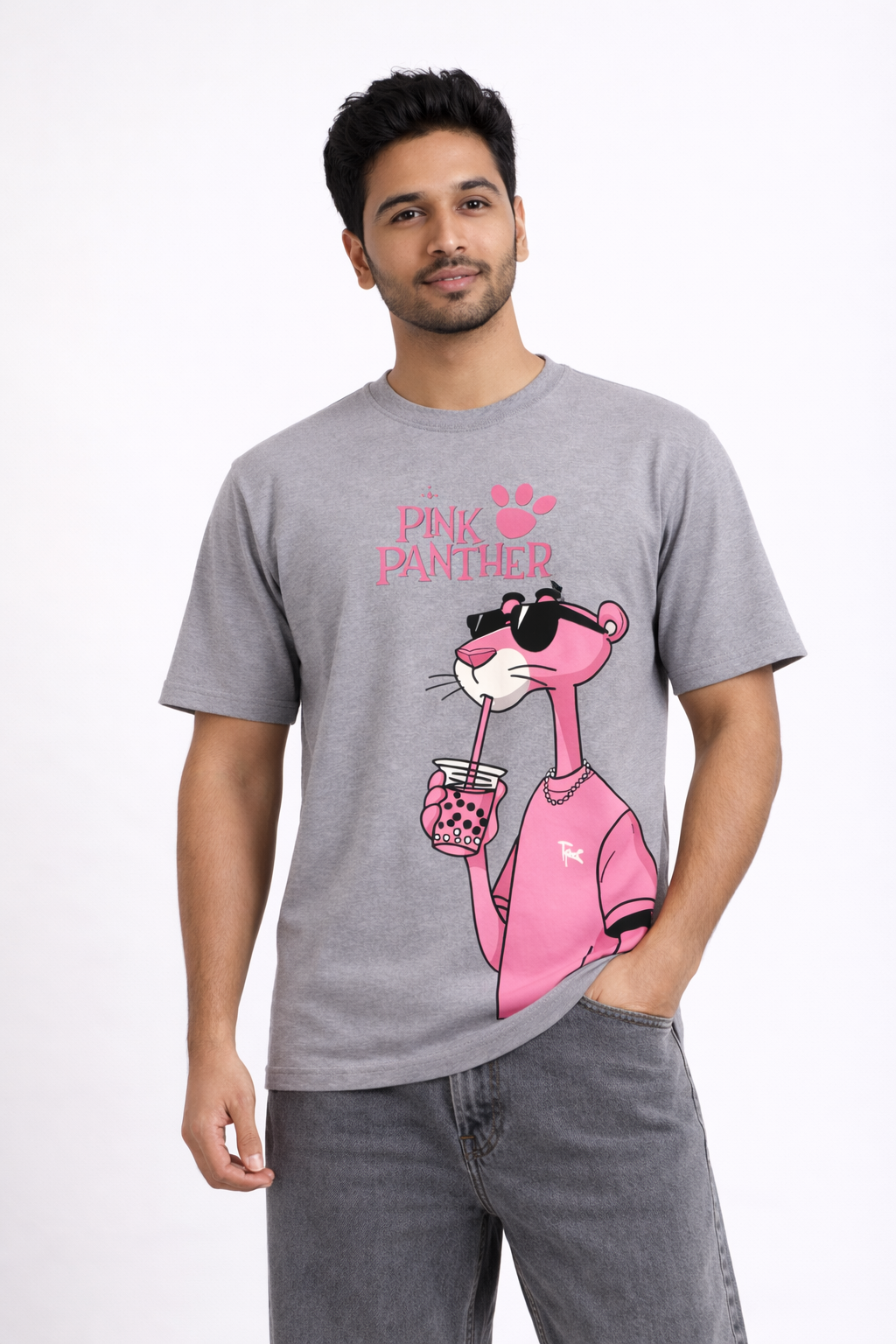 Grey Pink Panther Graphic T-Shirt