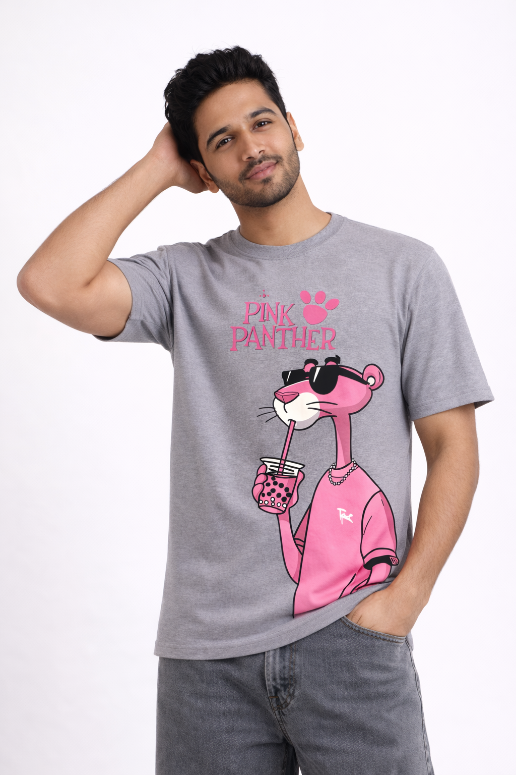 Grey Pink Panther Graphic T-Shirt