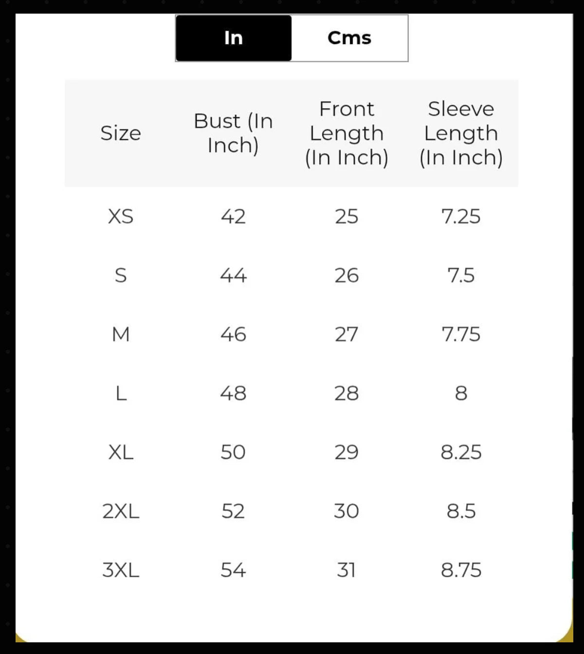 Size chart