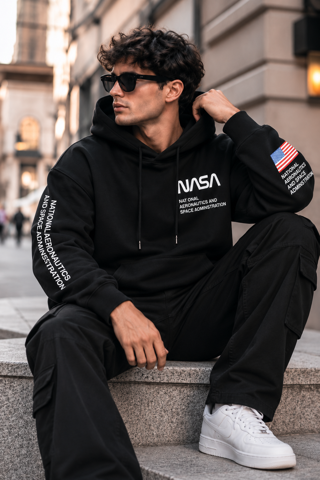 NASA Black Graphic Oversized Hoodie with American Flag Sleeve Print