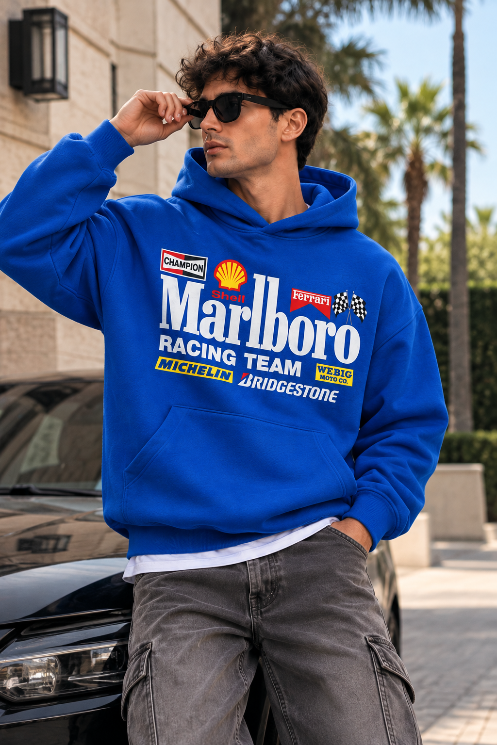 Blue Marlboro Racing Team Oversized Graphic Hoodie