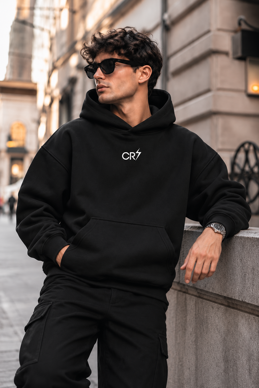 Ronaldo CR7 Oversized Black Graphic Hoodie – Number 7 Edition