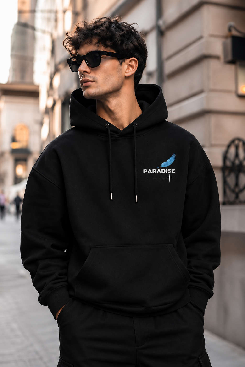 Paradise Blue Wing Graphic Oversized Black Hoodie