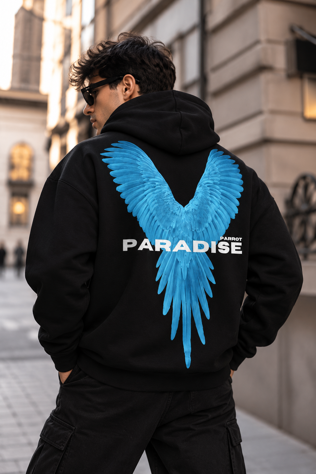 Paradise Blue Wing Graphic Oversized Black Hoodie