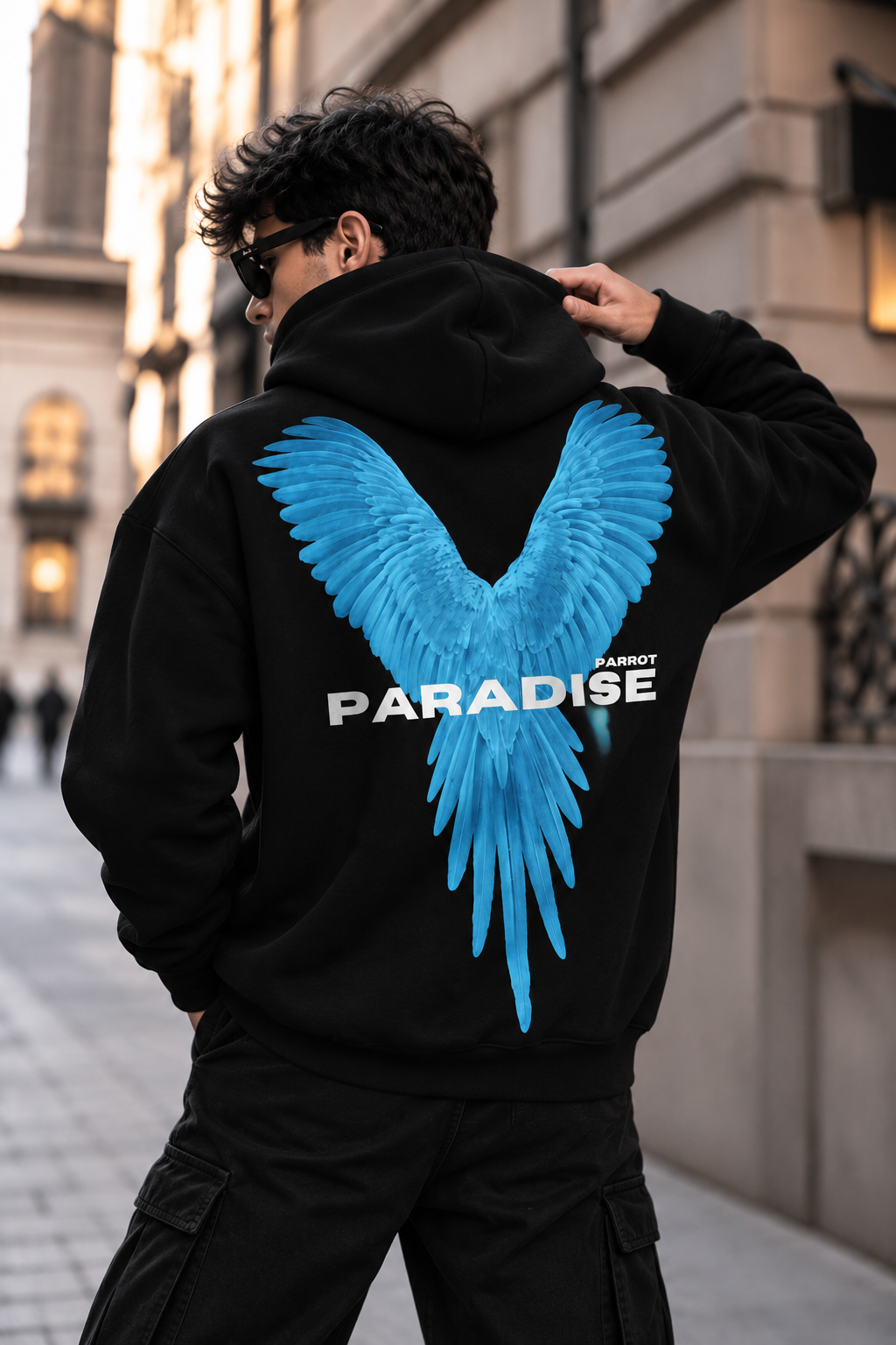 Paradise Blue Wing Graphic Oversized Black Hoodie