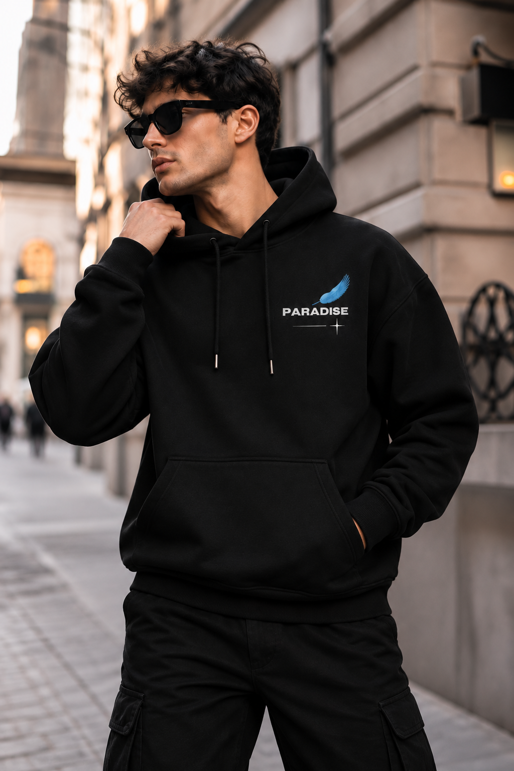 Paradise Blue Wing Graphic Oversized Black Hoodie