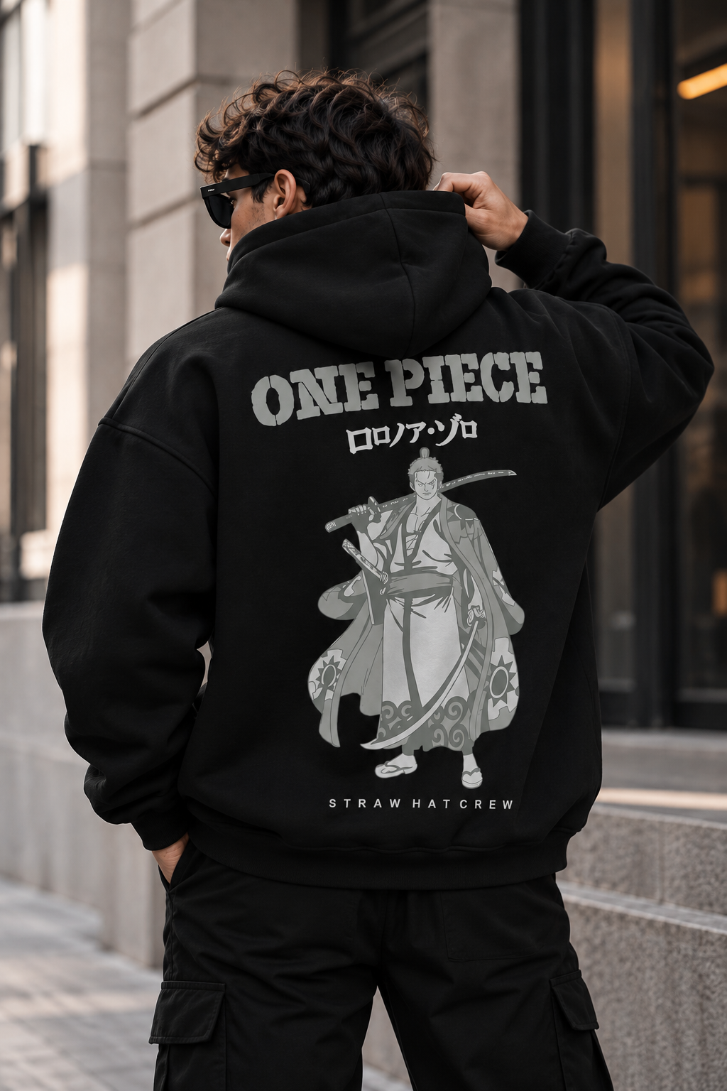 One Piece Zoro Graphic Oversized Black Hoodie – Straw Hat Crew Edition
