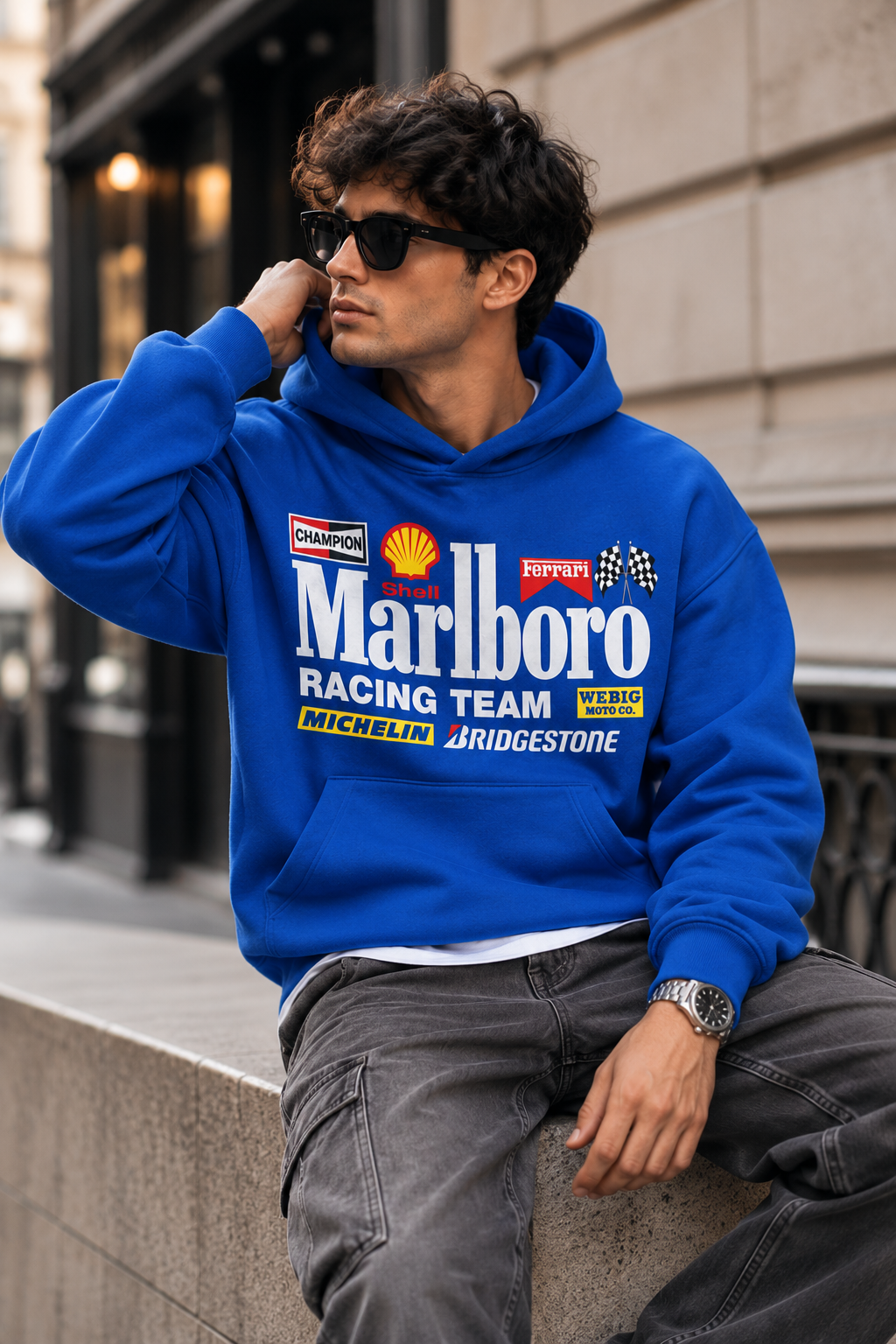 Blue Marlboro Racing Team Oversized Graphic Hoodie