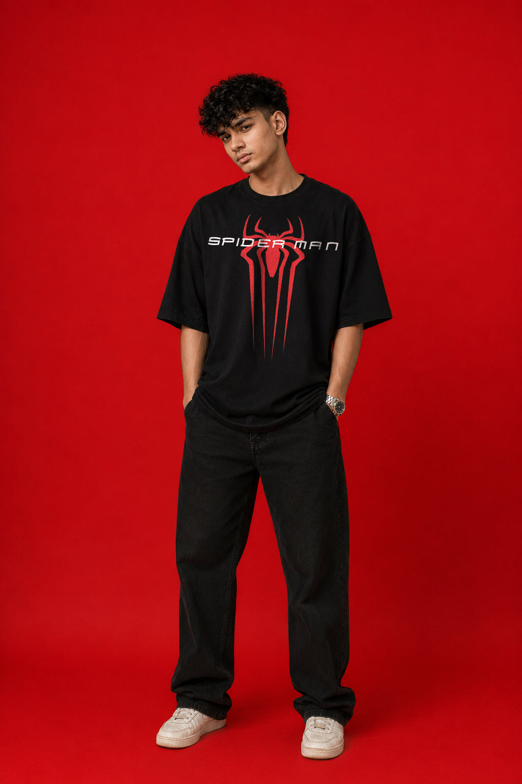 Spider-Man Classic Graphic Oversized T-Shirt | Black Streetwear Tee by PrintedSoul